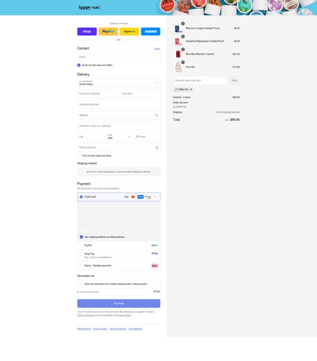 Happy Wax checkout page showing Happy Wax discount code box | Screenshot taken by SimplyCodes community member on Sep 4, 2025