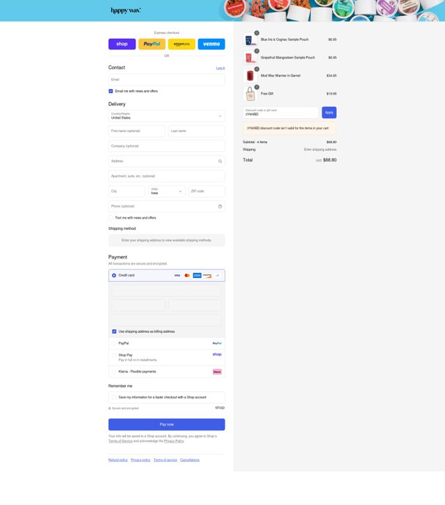 Happy Wax checkout page showing Happy Wax discount code box | Screenshot taken by SimplyCodes community member on Sep 4, 2025