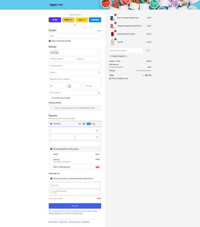 Happy Wax checkout page showing Happy Wax discount code box | Screenshot taken by SimplyCodes community member on Sep 4, 2025