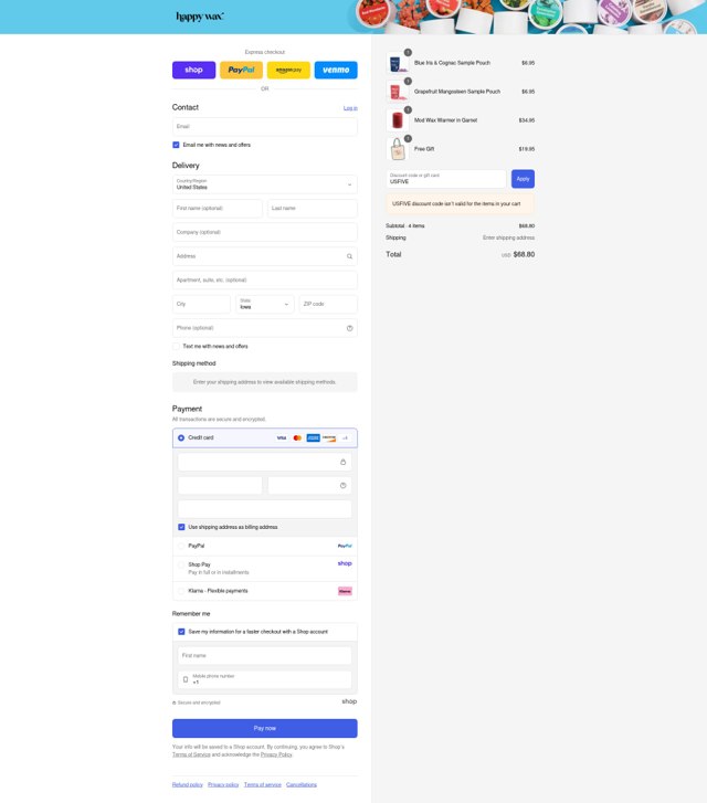 Happy Wax checkout page showing Happy Wax discount code box | Screenshot taken by SimplyCodes community member on Sep 4, 2025