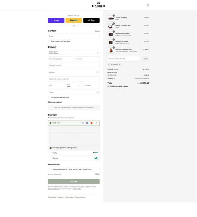 Harber London checkout page showing Harber London promo code box | Screenshot taken by SimplyCodes community member on Sep 12, 2025