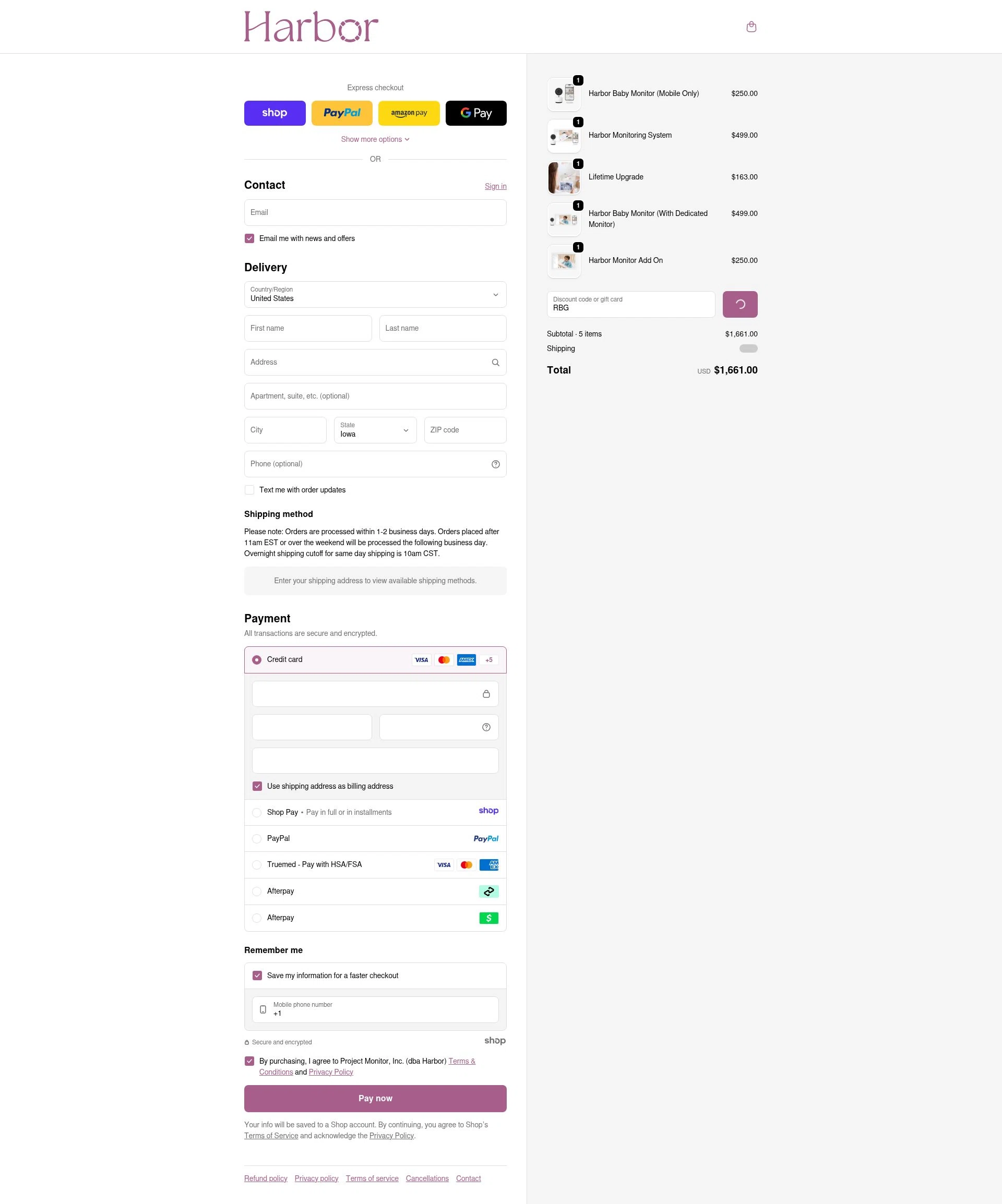 Harbor Baby Monitor checkout page showing Harbor Baby Monitor discount code box | Screenshot taken by SimplyCodes community member on Jan 2, 2026