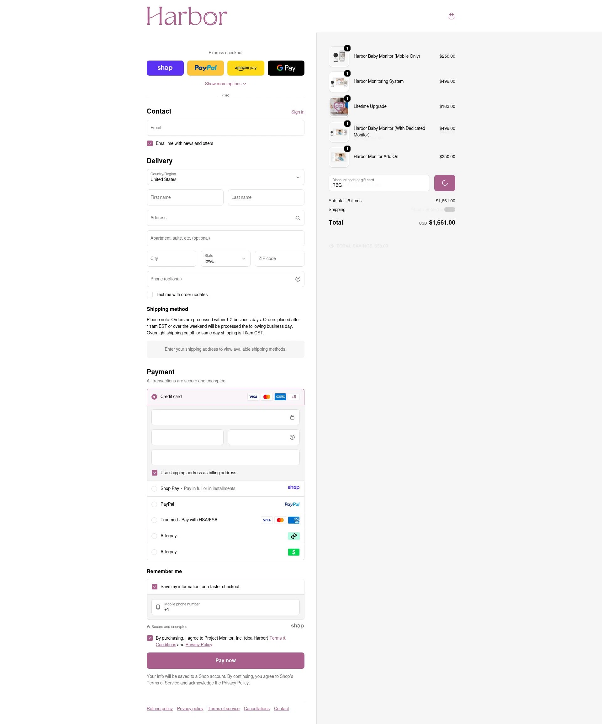 Harbor Baby Monitor checkout page showing Harbor Baby Monitor discount code box | Screenshot taken by SimplyCodes community member on Dec 28, 2025