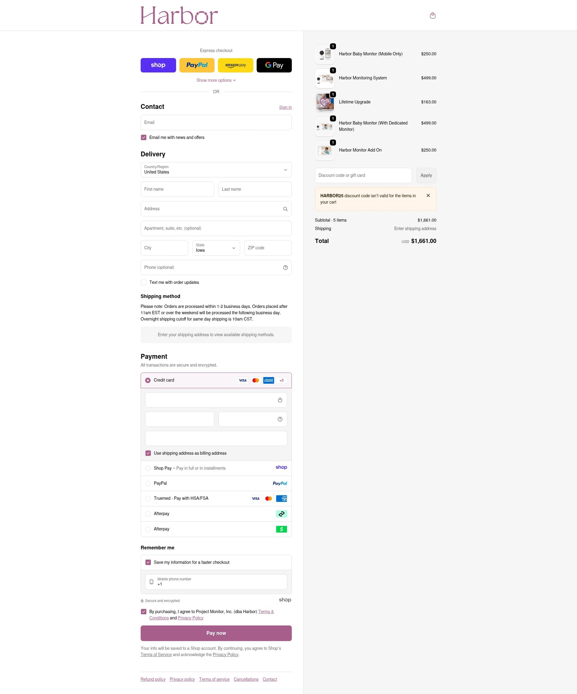 Harbor Baby Monitor checkout page showing Harbor Baby Monitor discount code box | Screenshot taken by SimplyCodes community member on Jan 2, 2026
