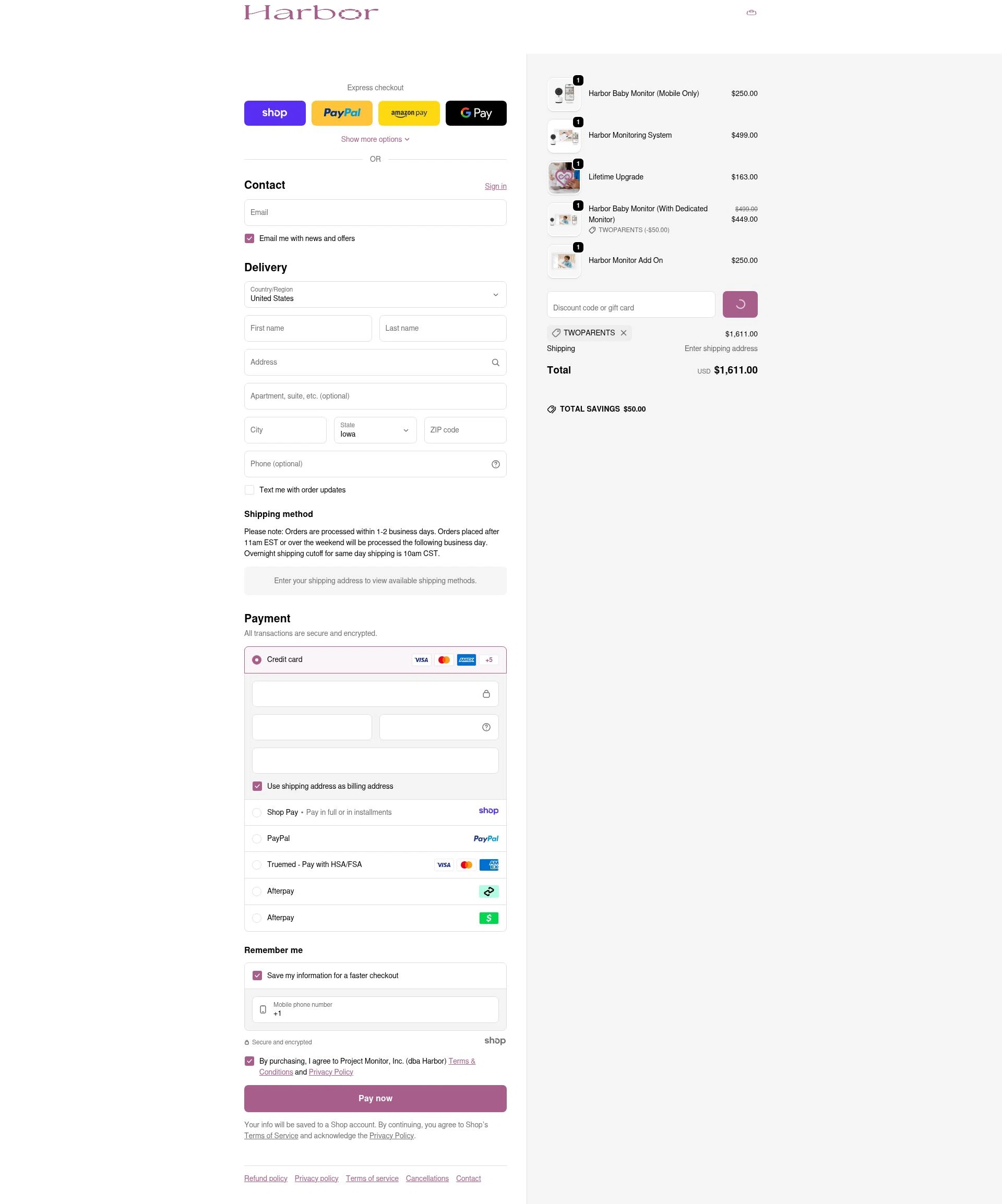 Harbor Baby Monitor checkout page showing Harbor Baby Monitor discount code box | Screenshot taken by SimplyCodes community member on Jan 2, 2026