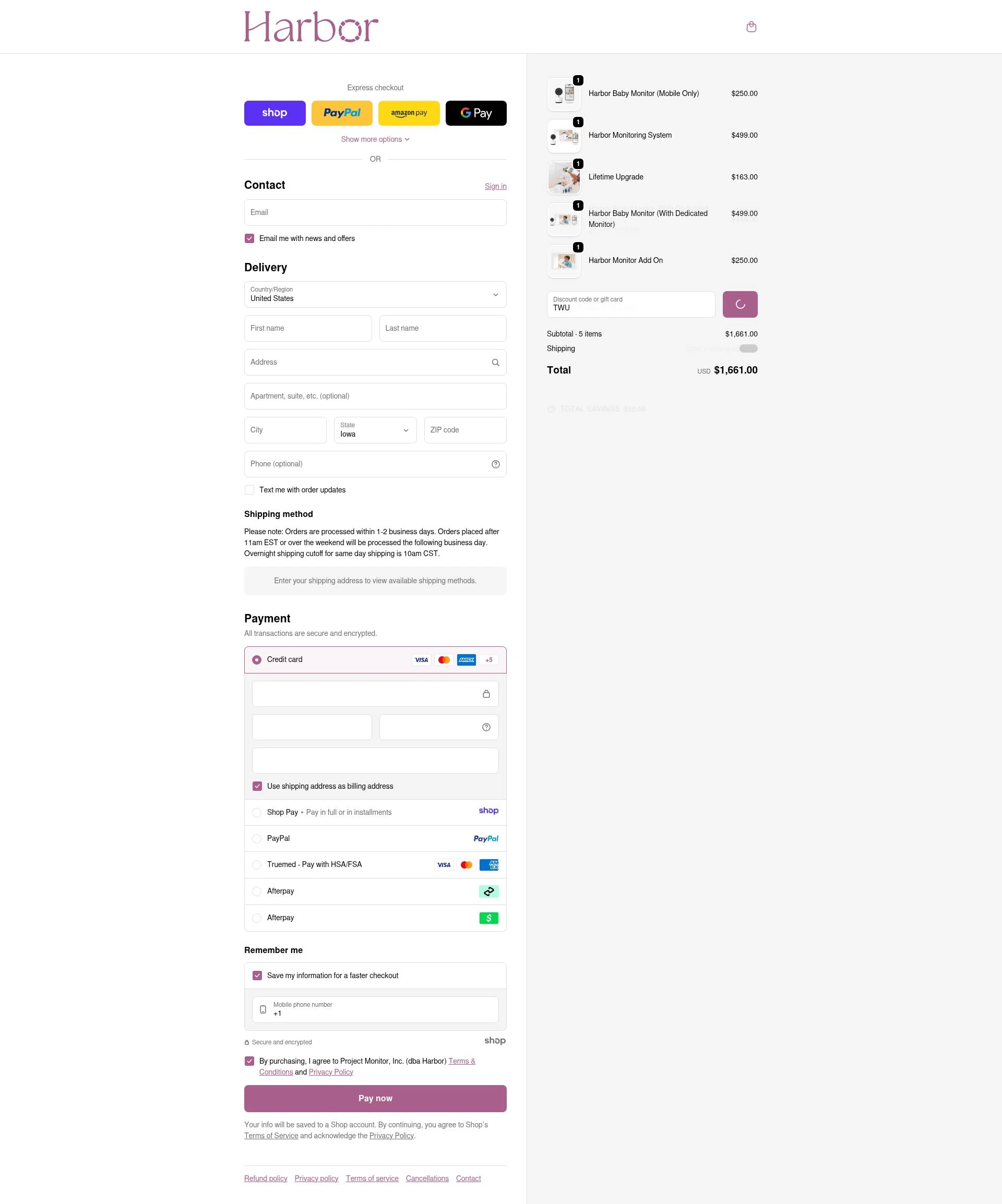 Harbor Baby Monitor checkout page showing Harbor Baby Monitor discount code box | Screenshot taken by SimplyCodes community member on Dec 28, 2025