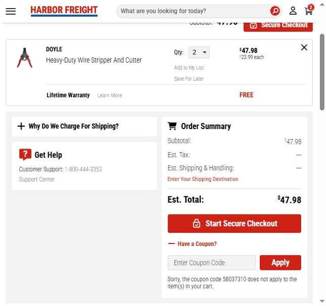 Harbor Freight checkout page showing Harbor Freight promo code box | Screenshot taken by SimplyCodes community member on Aug 9, 2025