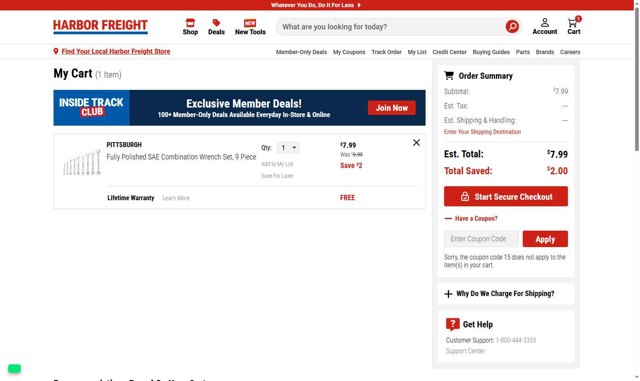 Harbor Freight checkout page showing Harbor Freight promo code box | Screenshot taken by SimplyCodes community member on Aug 14, 2025