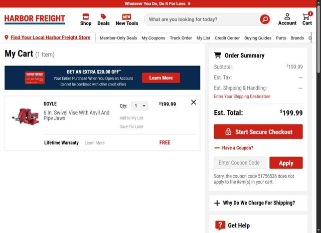 Harbor Freight checkout page showing Harbor Freight promo code box | Screenshot taken by SimplyCodes community member on Aug 26, 2025