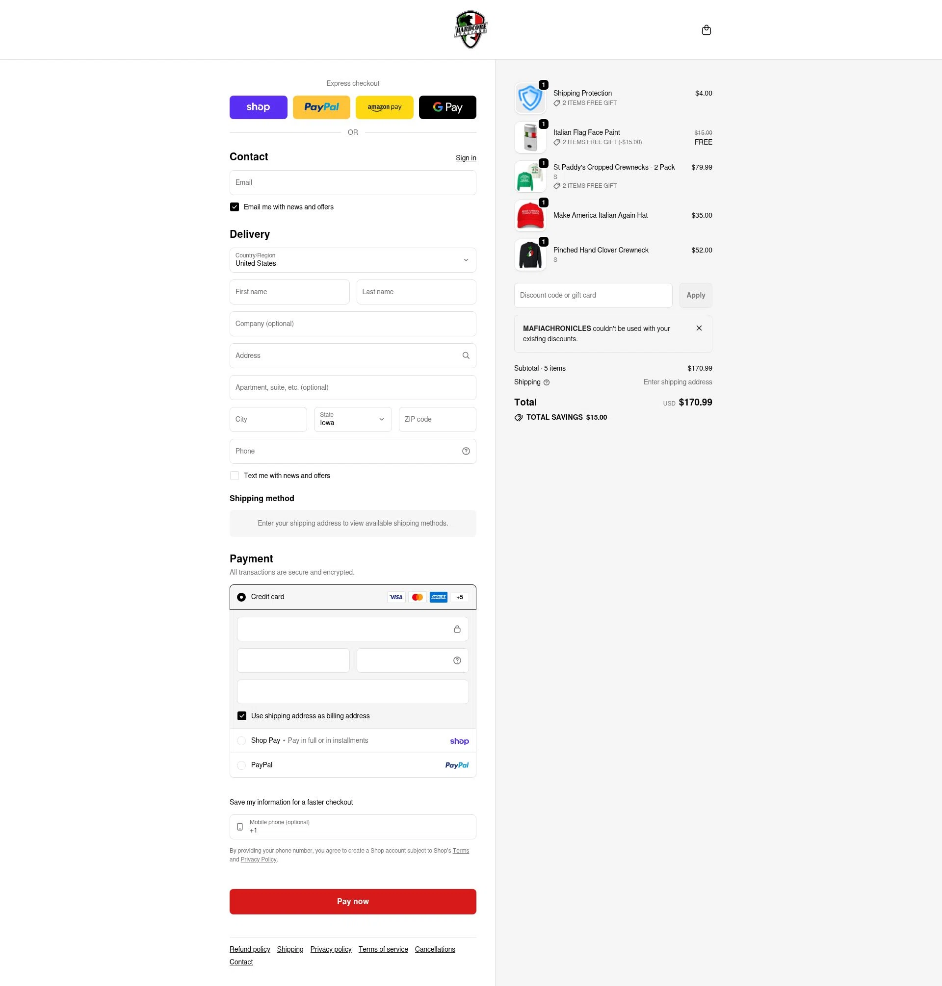 Hardcore Italians checkout page showing Hardcore Italians promo code box | Screenshot taken by SimplyCodes community member on Feb 21, 2026