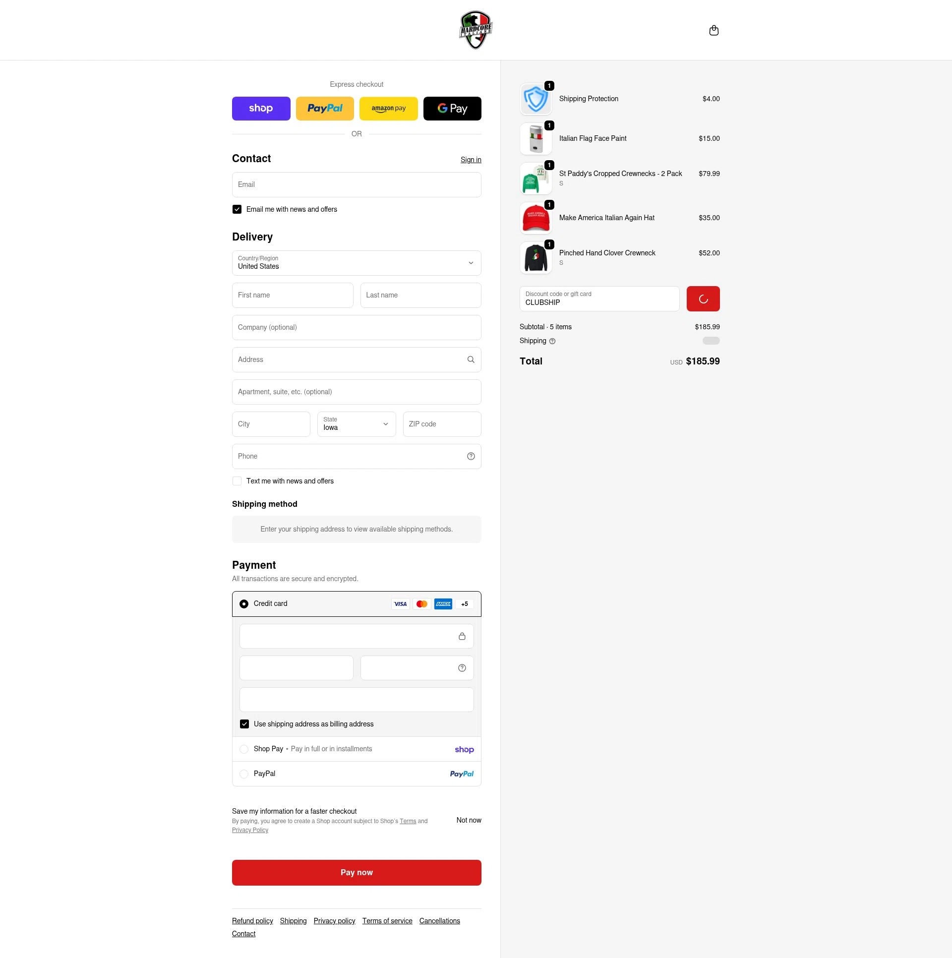 Hardcore Italians checkout page showing Hardcore Italians promo code box | Screenshot taken by SimplyCodes community member on Feb 16, 2026