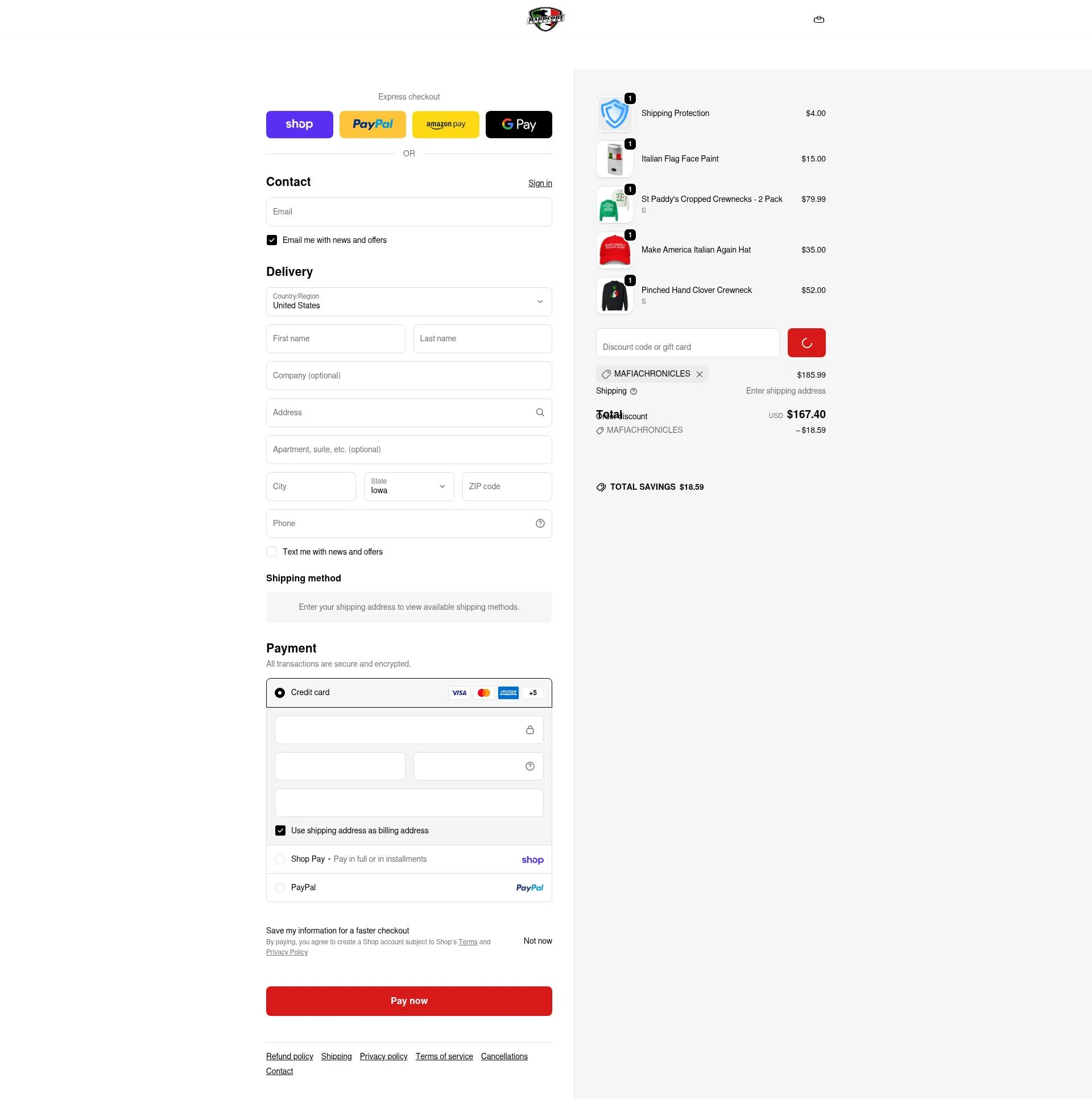 Hardcore Italians checkout page showing Hardcore Italians promo code box | Screenshot taken by SimplyCodes community member on Feb 16, 2026