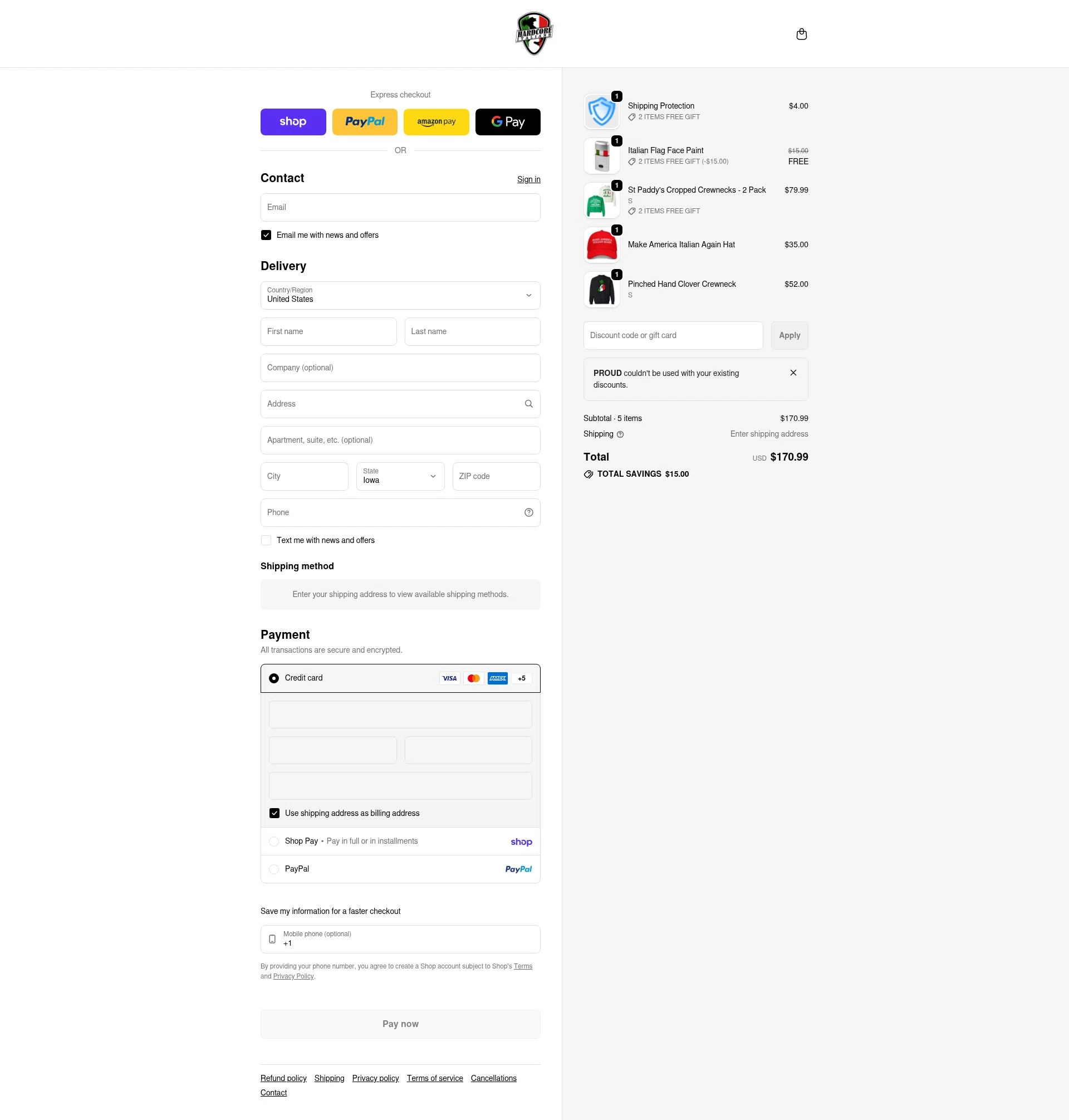 Hardcore Italians checkout page showing Hardcore Italians promo code box | Screenshot taken by SimplyCodes community member on Feb 21, 2026