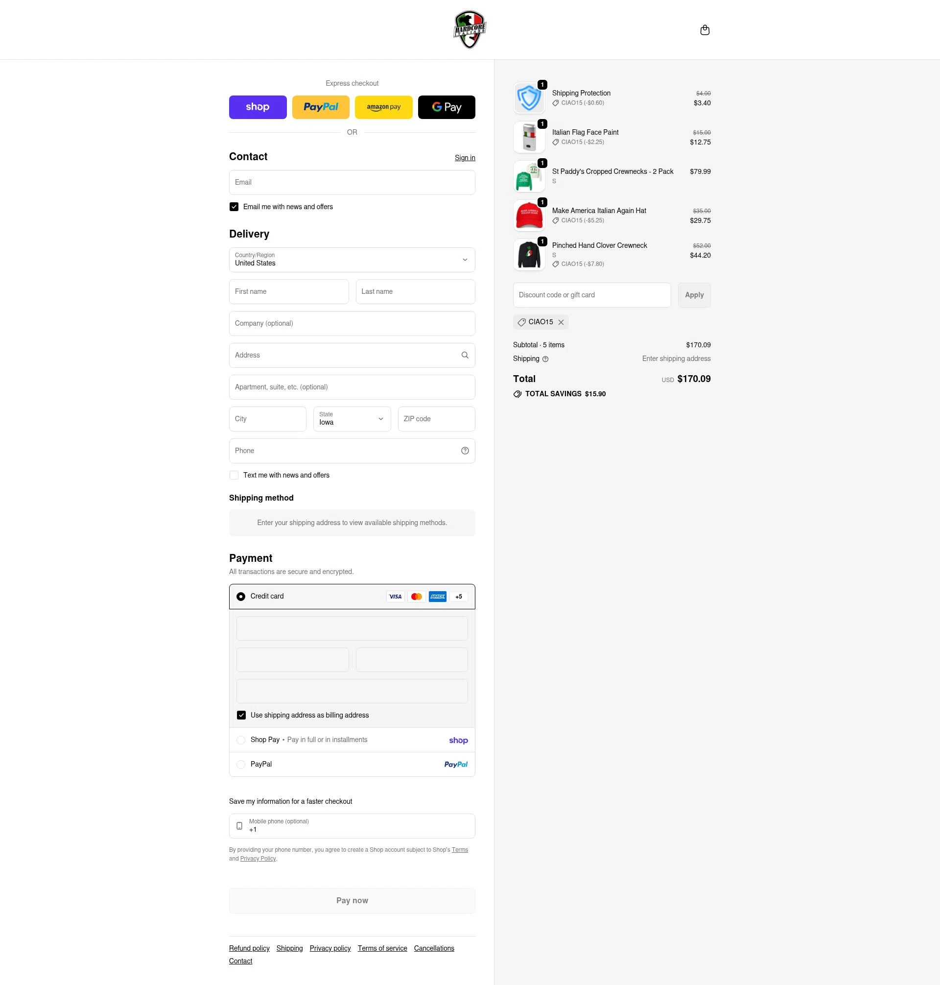 Hardcore Italians checkout page showing Hardcore Italians promo code box | Screenshot taken by SimplyCodes community member on Feb 21, 2026