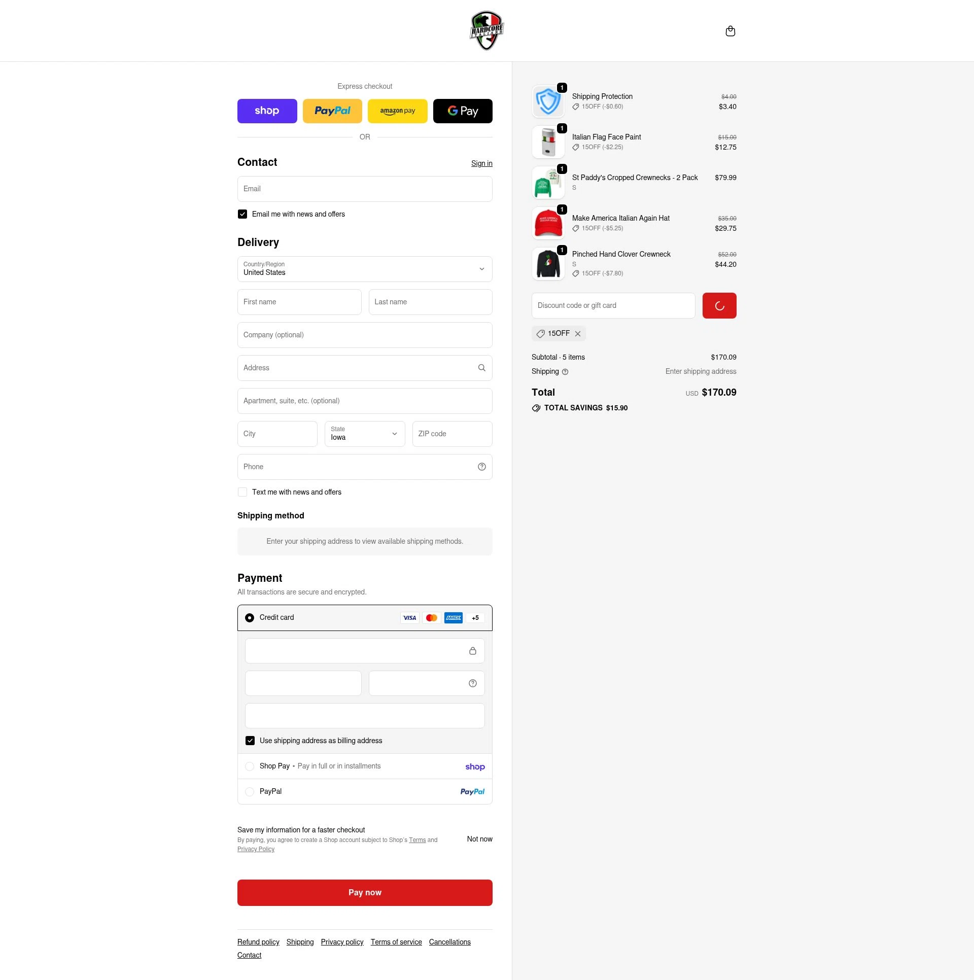 Hardcore Italians checkout page showing Hardcore Italians promo code box | Screenshot taken by SimplyCodes community member on Feb 16, 2026