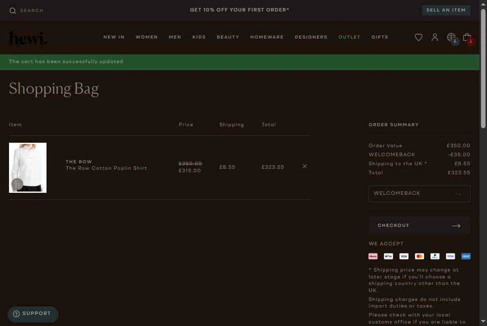Hardly Ever Worn It checkout page showing Hardly Ever Worn It promo code box | Screenshot taken by SimplyCodes community member on Nov 24, 2025