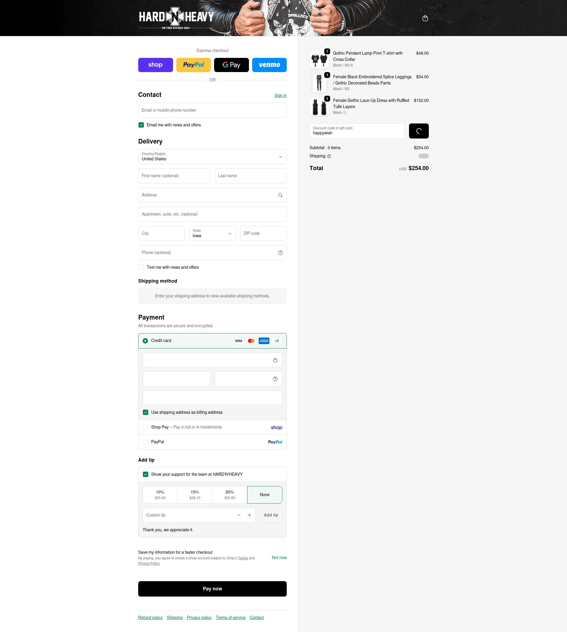 Hard’N’Heavy checkout page showing Hard’N’Heavy discount code box | Screenshot taken by SimplyCodes community member on Feb 15, 2026