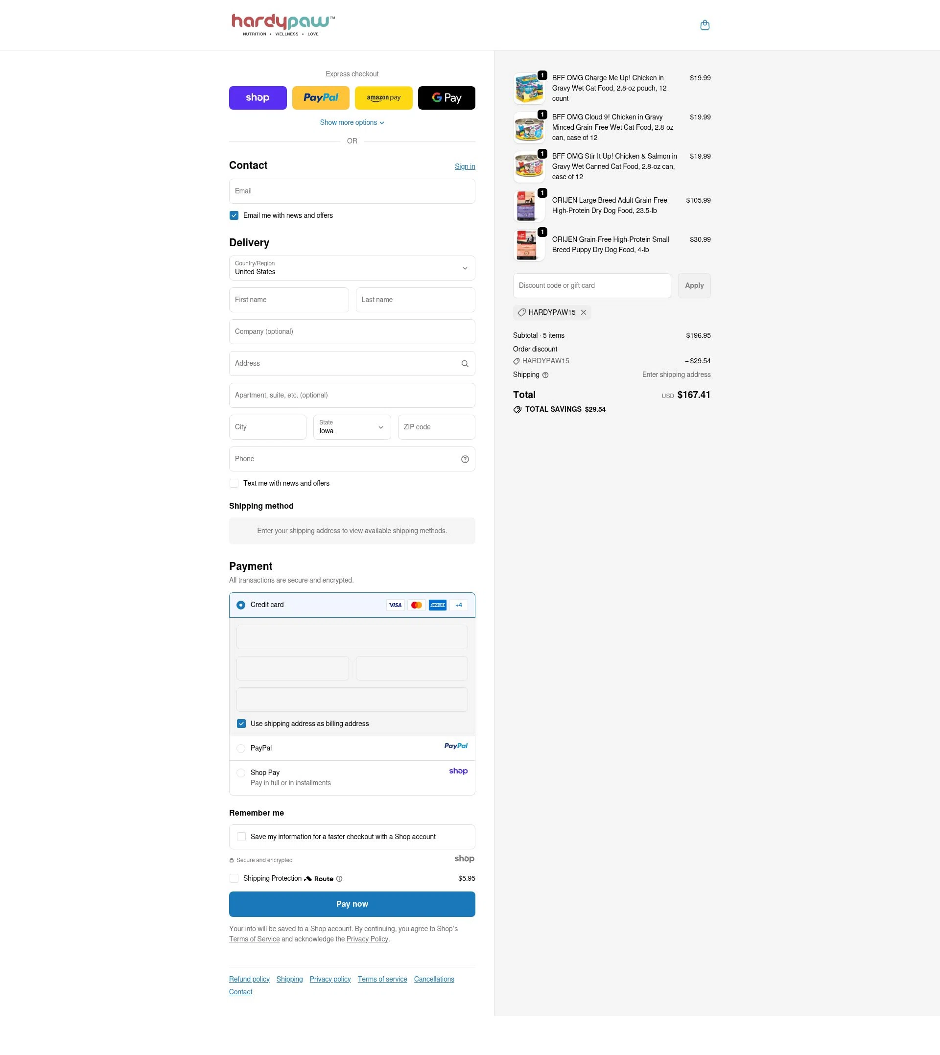 HardyPaw checkout page showing HardyPaw discount code box | Screenshot taken by SimplyCodes community member on Oct 7, 2025
