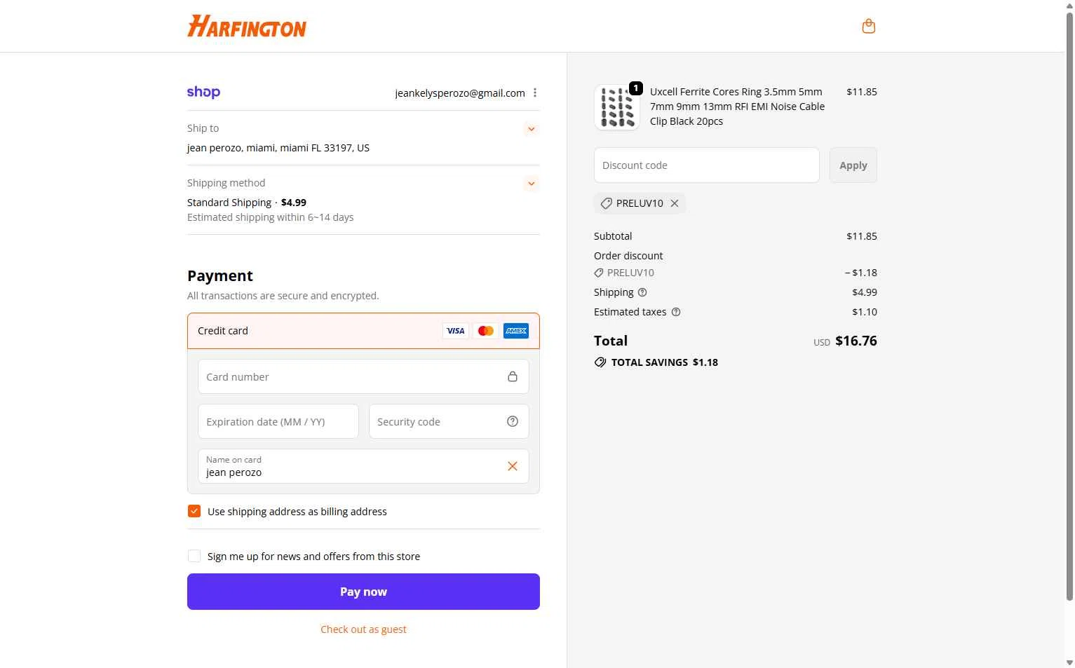 Harfington checkout page showing Harfington discount code box | Screenshot taken by SimplyCodes community member on Dec 14, 2025