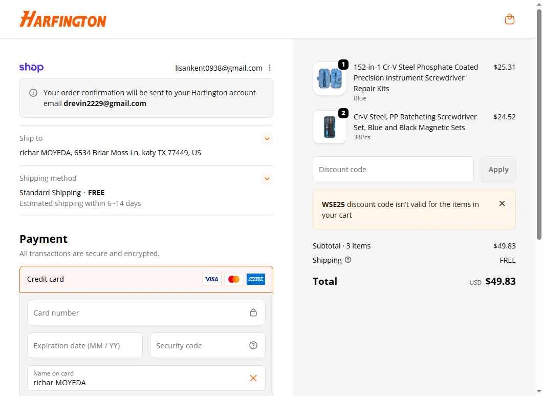 Harfington checkout page showing Harfington discount code box | Screenshot taken by SimplyCodes community member on Jan 7, 2026