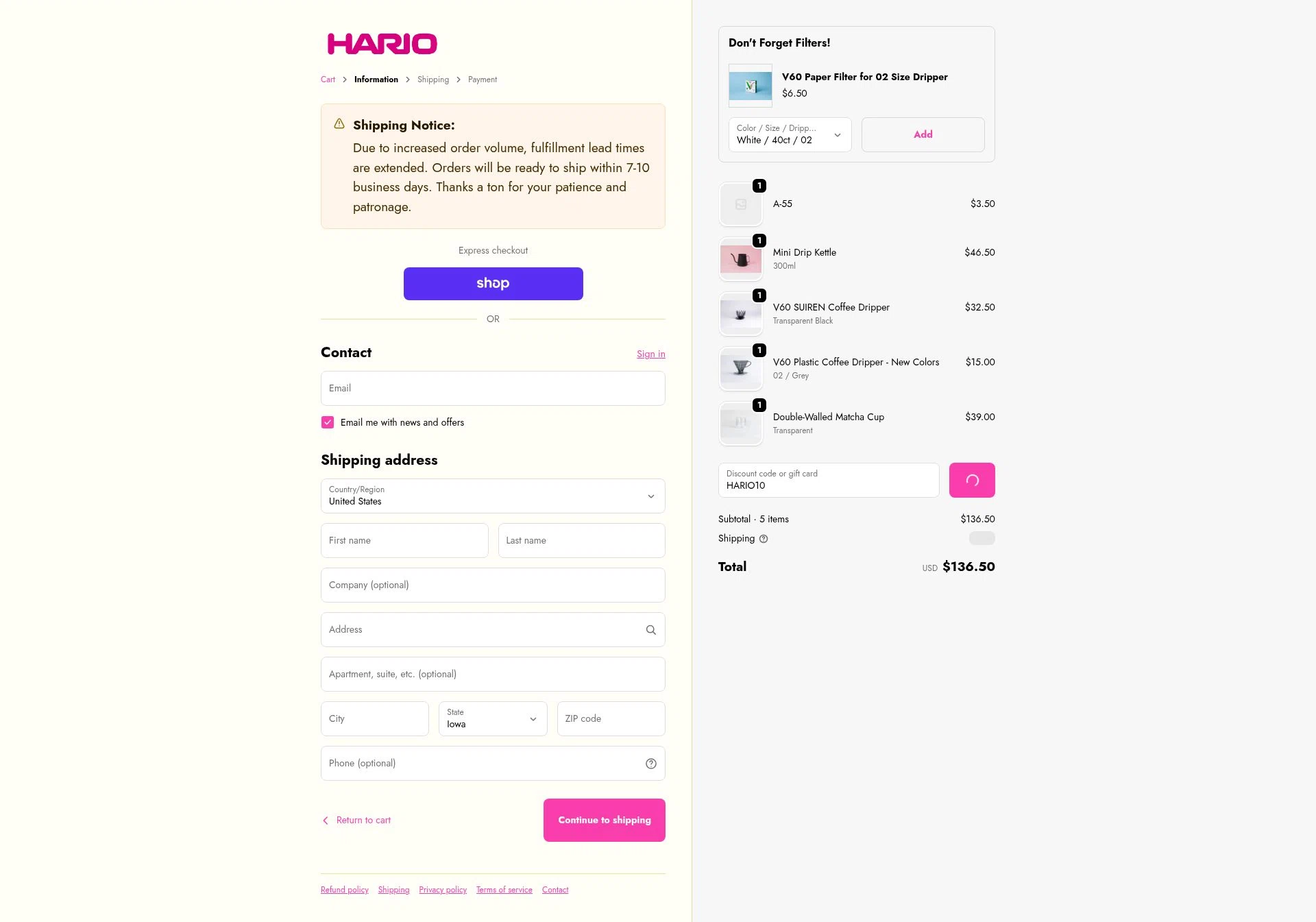 Hario USA checkout page showing Hario USA discount code box | Screenshot taken by SimplyCodes community member on Jan 8, 2026
