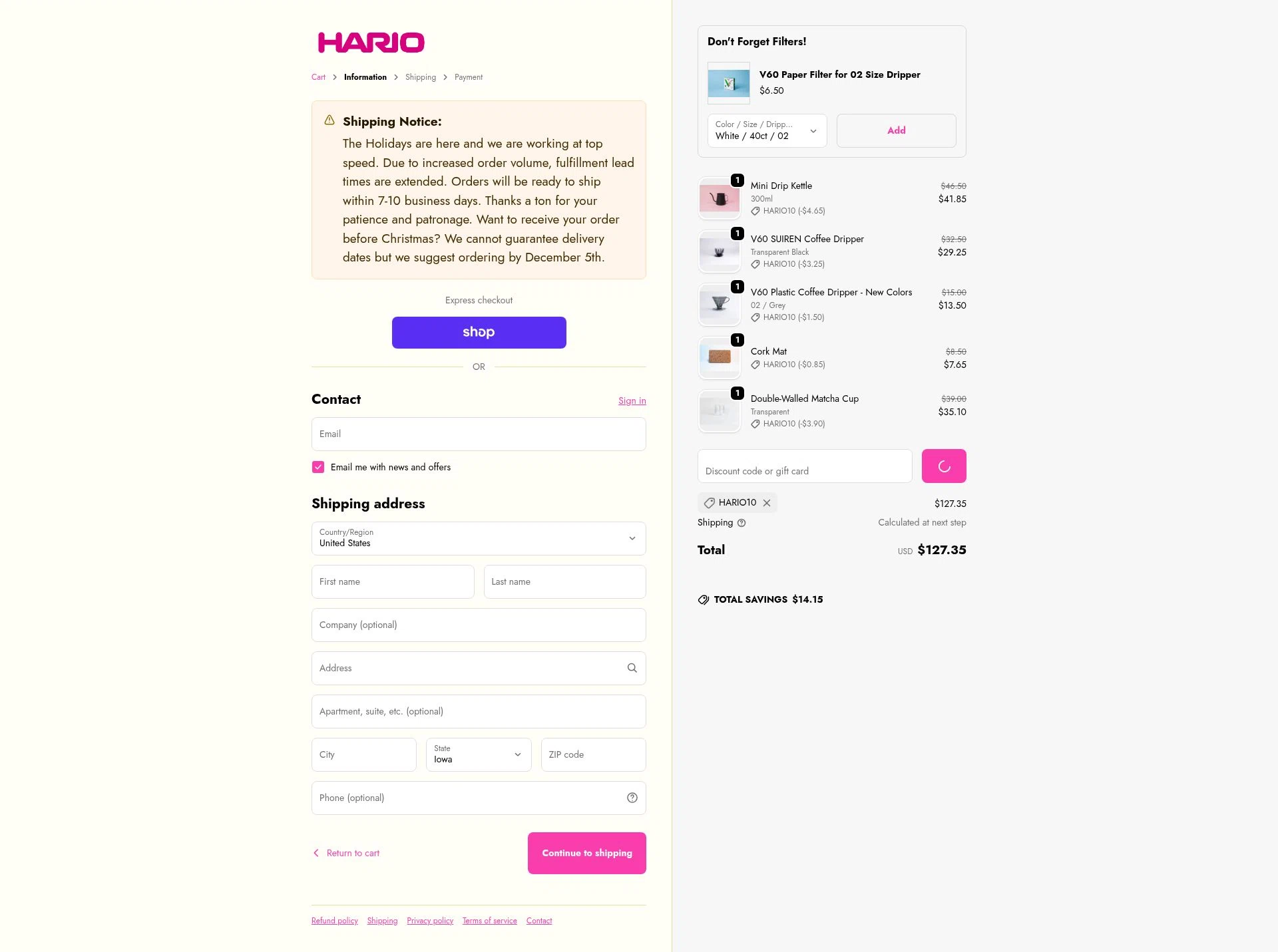Hario USA checkout page showing Hario USA discount code box | Screenshot taken by SimplyCodes community member on Dec 29, 2025