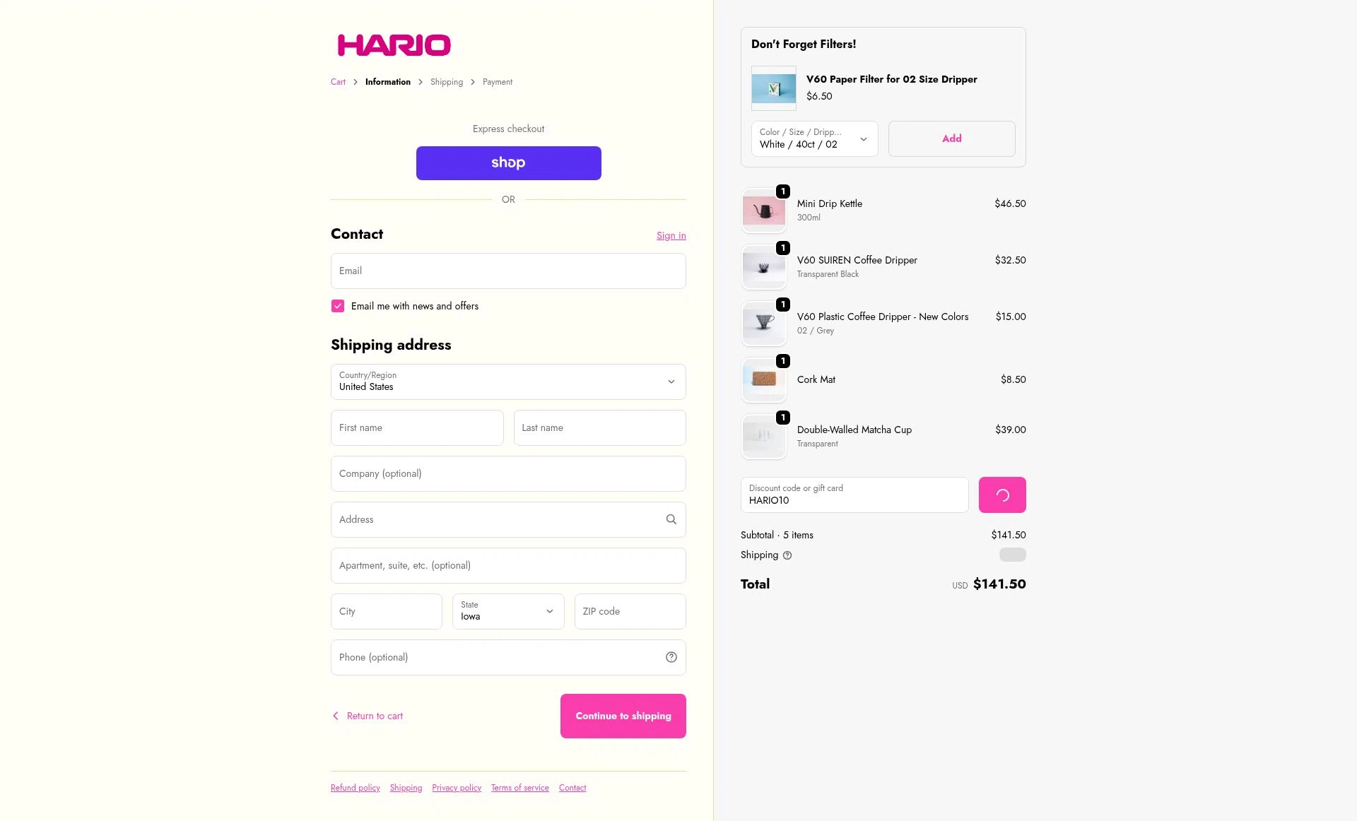 Hario USA checkout page showing Hario USA discount code box | Screenshot taken by SimplyCodes community member on Feb 5, 2026