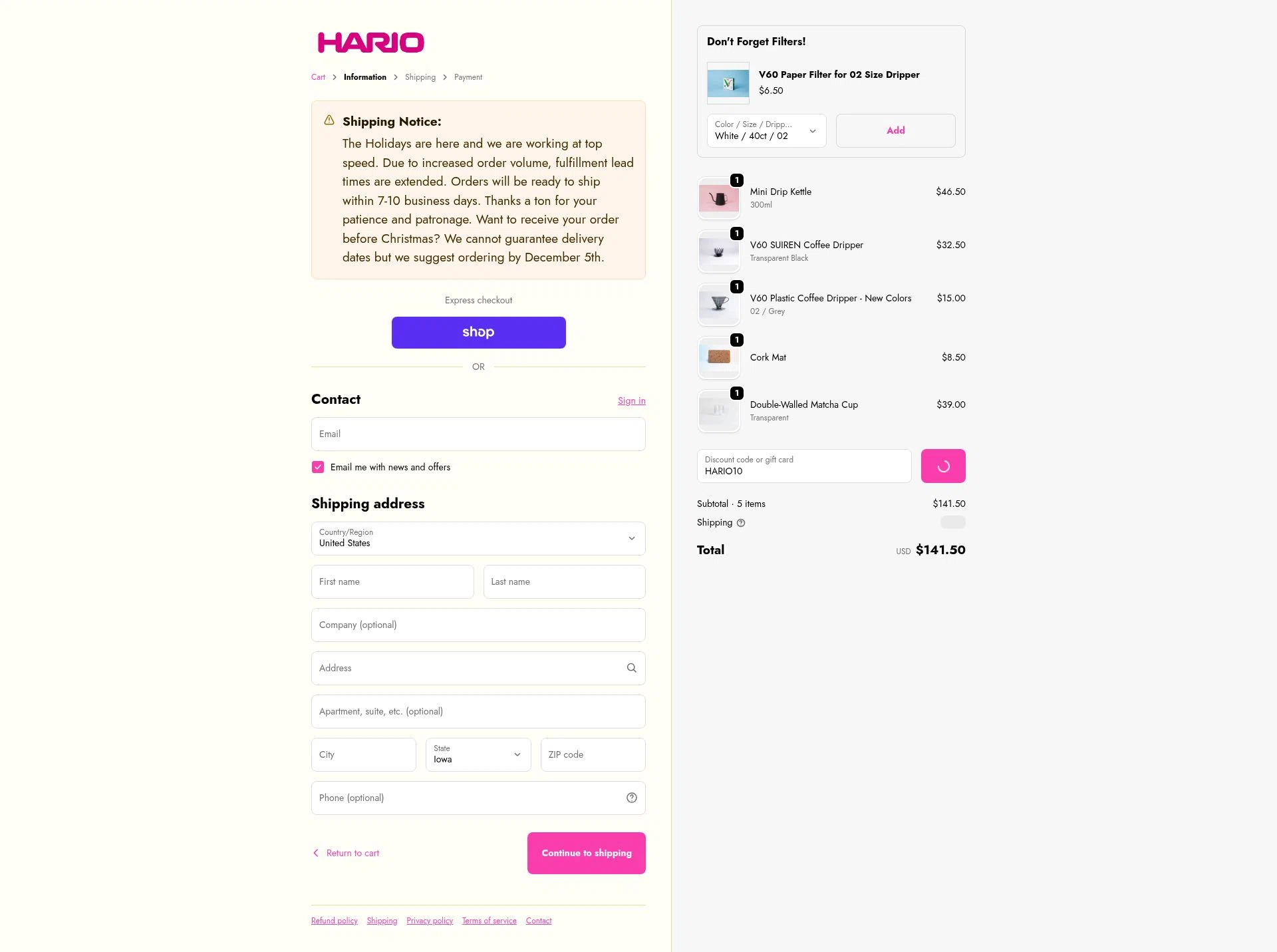 Hario USA checkout page showing Hario USA discount code box | Screenshot taken by SimplyCodes community member on Dec 24, 2025