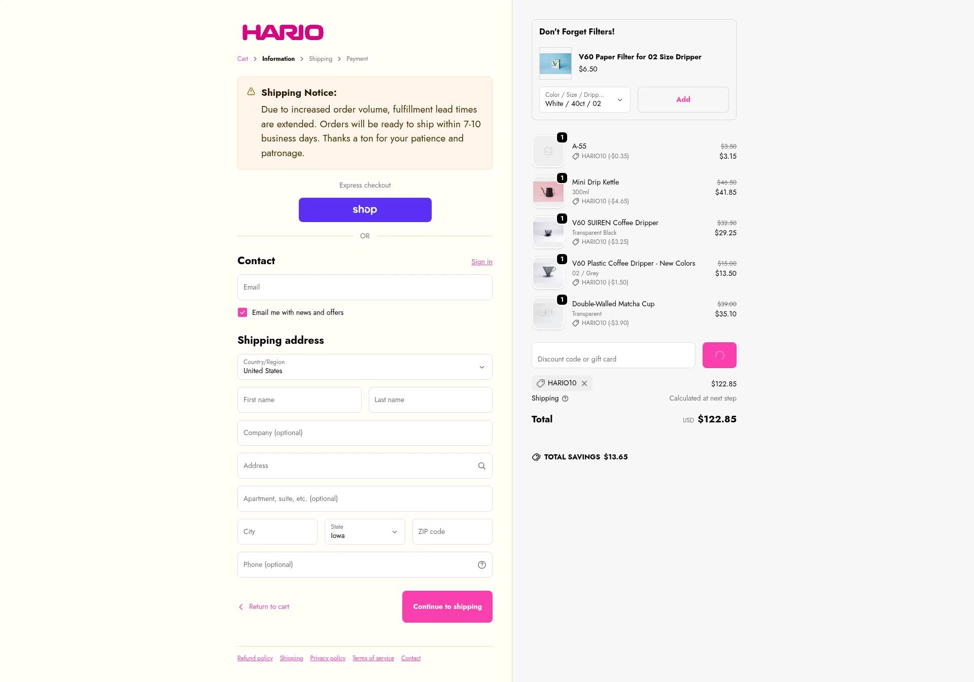 Hario USA checkout page showing Hario USA discount code box | Screenshot taken by SimplyCodes community member on Jan 18, 2026