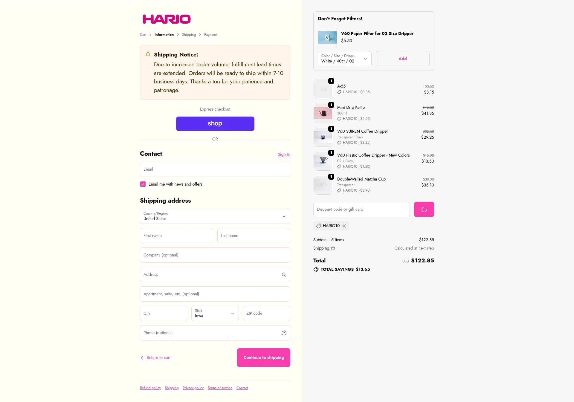 Hario USA checkout page showing Hario USA discount code box | Screenshot taken by SimplyCodes community member on Jan 23, 2026