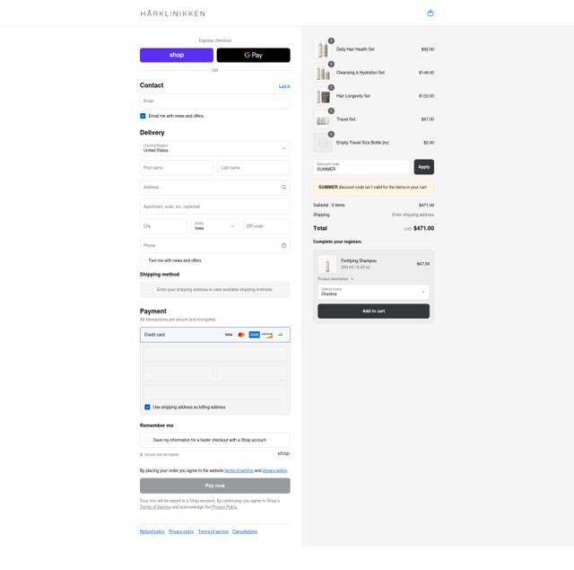Hårklinikken US checkout page showing Hårklinikken US promo code box | Screenshot taken by SimplyCodes community member on Aug 31, 2025