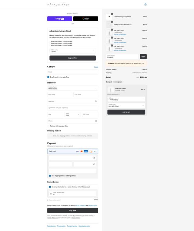 Hårklinikken US checkout page showing Hårklinikken US promo code box | Screenshot taken by SimplyCodes community member on Jul 14, 2025
