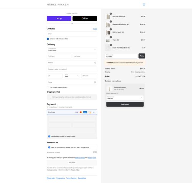 Hårklinikken US checkout page showing Hårklinikken US promo code box | Screenshot taken by SimplyCodes community member on Sep 4, 2025
