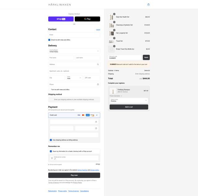 Hårklinikken US checkout page showing Hårklinikken US promo code box | Screenshot taken by SimplyCodes community member on Aug 23, 2025
