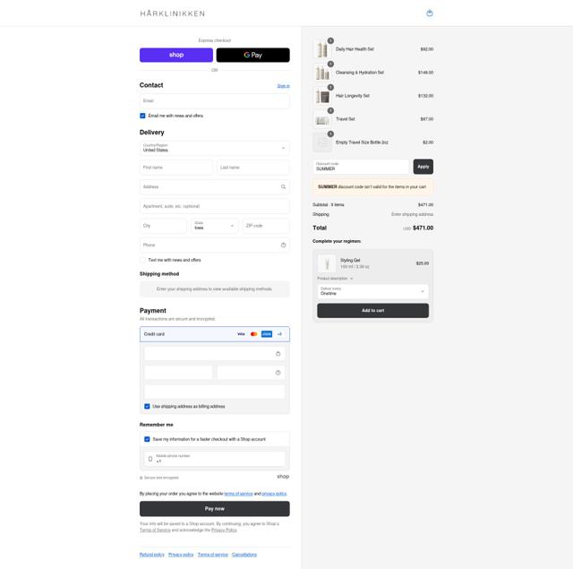 Hårklinikken US checkout page showing Hårklinikken US promo code box | Screenshot taken by SimplyCodes community member on Sep 12, 2025