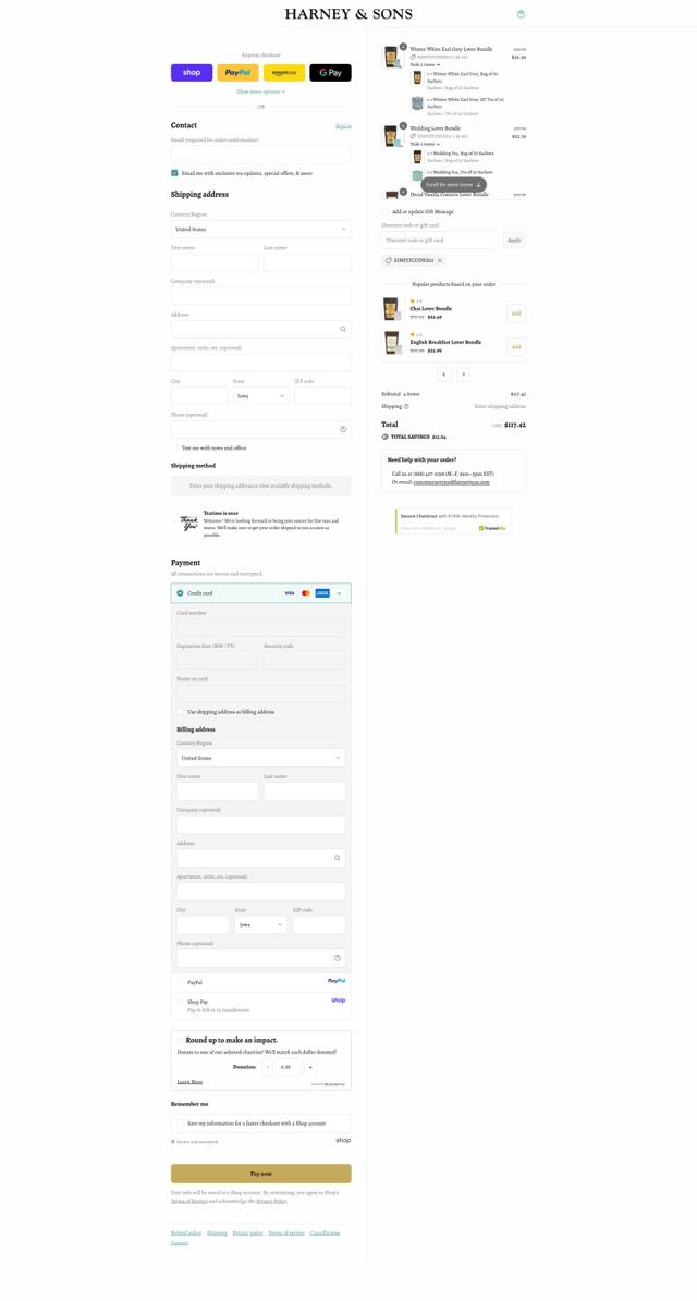 Harney & Sons checkout page showing Harney & Sons discount code box | Screenshot taken by SimplyCodes community member on Sep 11, 2025