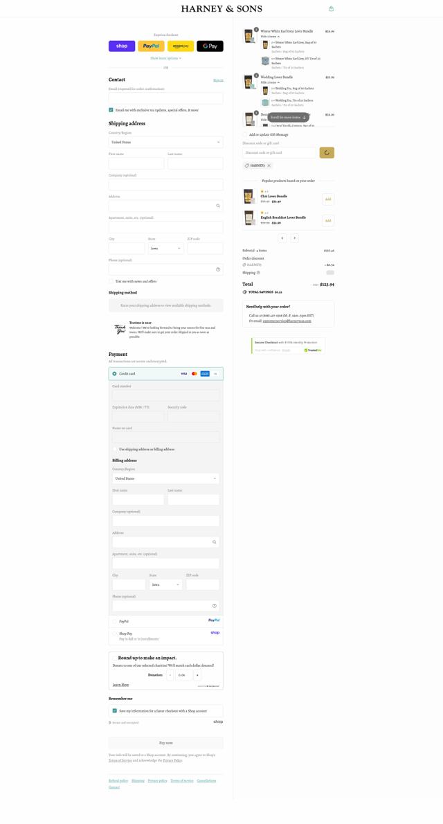 Harney & Sons checkout page showing Harney & Sons discount code box | Screenshot taken by SimplyCodes community member on Sep 11, 2025