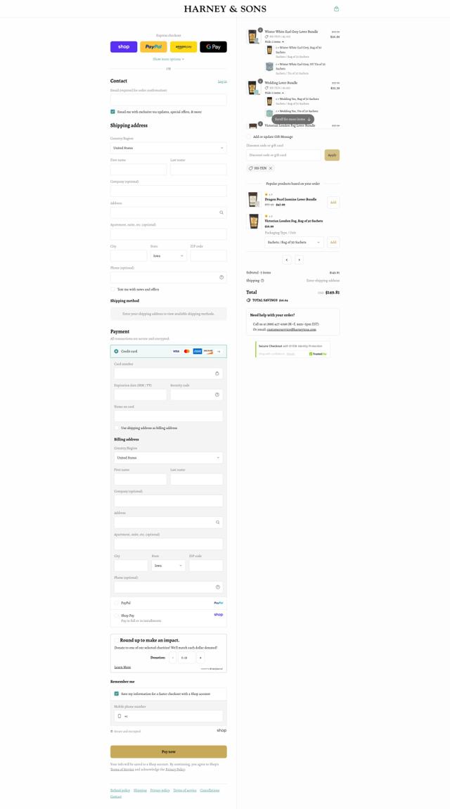 Harney & Sons checkout page showing Harney & Sons discount code box | Screenshot taken by SimplyCodes community member on Sep 7, 2025