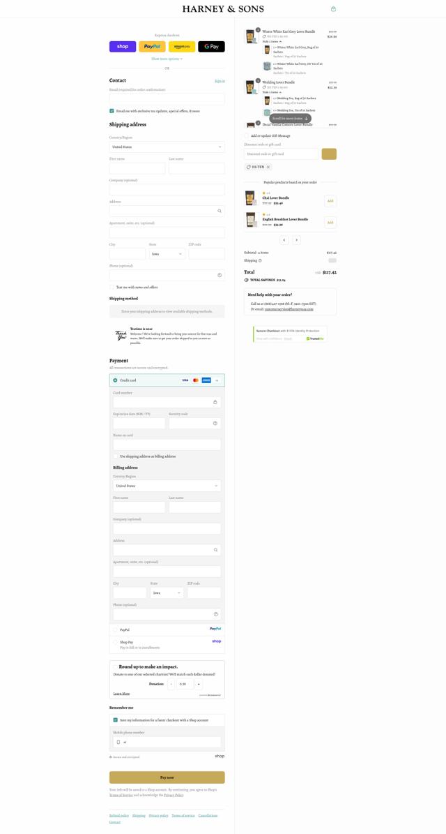 Harney & Sons checkout page showing Harney & Sons discount code box | Screenshot taken by SimplyCodes community member on Sep 11, 2025