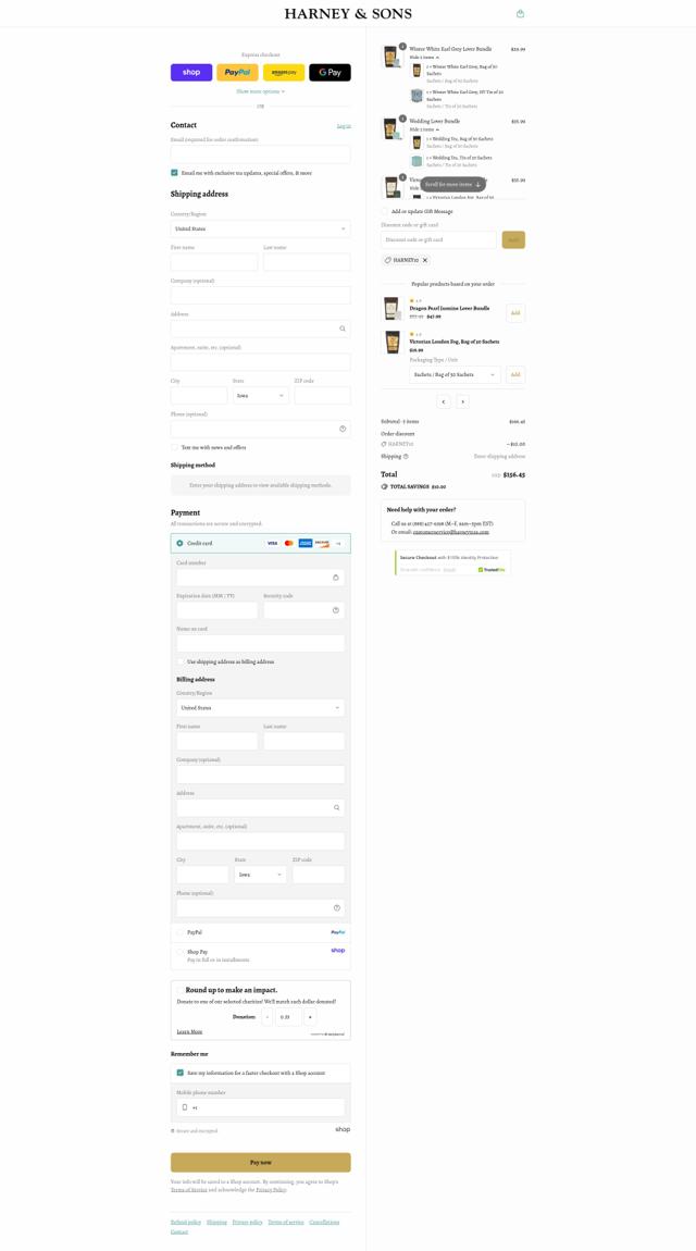 Harney & Sons checkout page showing Harney & Sons discount code box | Screenshot taken by SimplyCodes community member on Sep 7, 2025