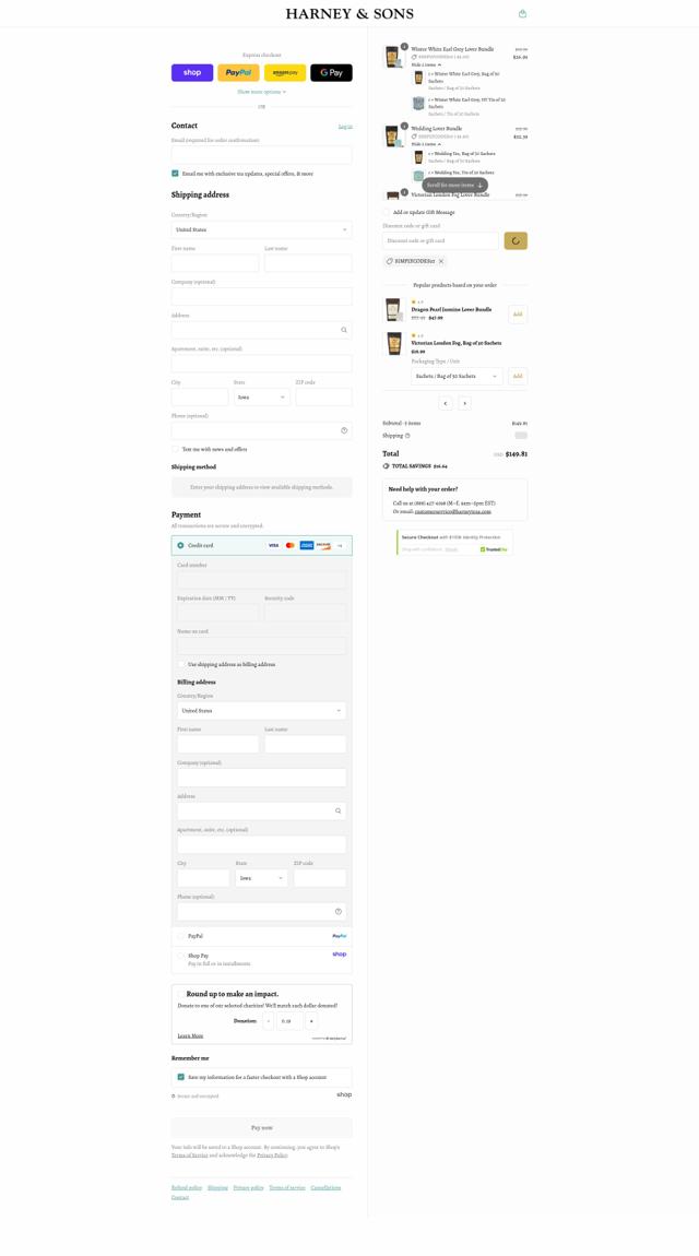 Harney & Sons checkout page showing Harney & Sons discount code box | Screenshot taken by SimplyCodes community member on Sep 7, 2025