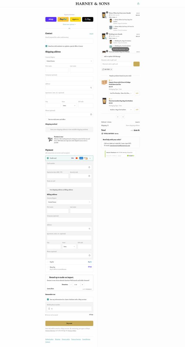 Harney & Sons checkout page showing Harney & Sons discount code box | Screenshot taken by SimplyCodes community member on Sep 2, 2025