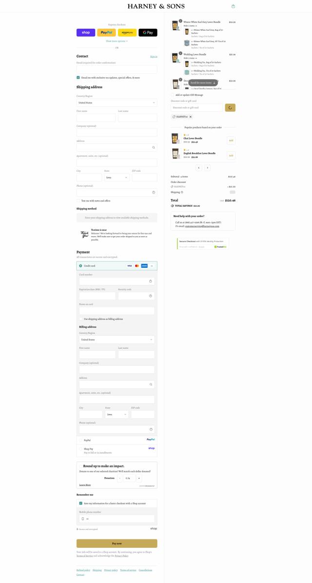 Harney & Sons checkout page showing Harney & Sons discount code box | Screenshot taken by SimplyCodes community member on Sep 11, 2025