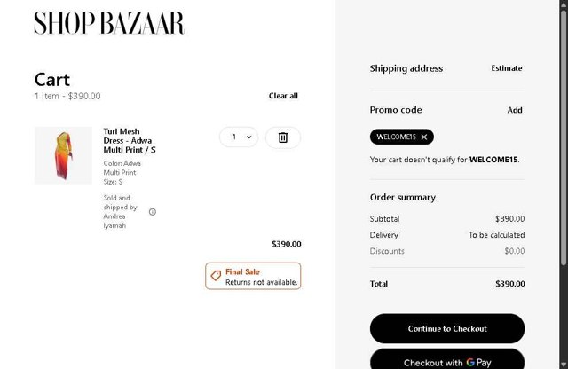 Harpers Bazaar checkout page showing Harpers Bazaar promo code box | Screenshot taken by SimplyCodes community member on Jul 9, 2025