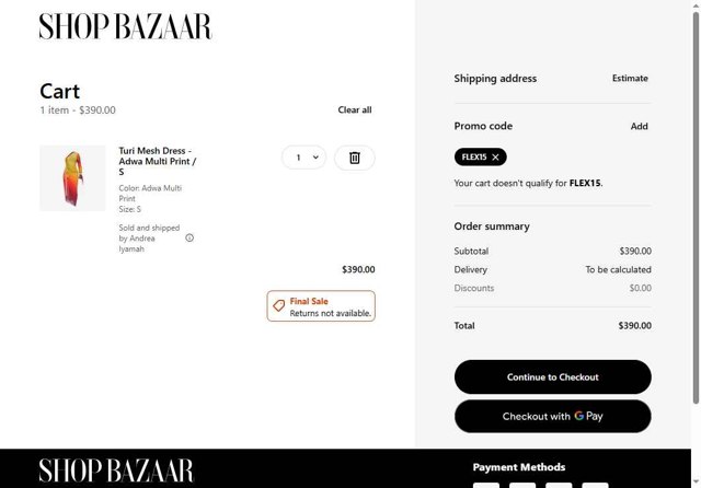 Harpers Bazaar checkout page showing Harpers Bazaar promo code box | Screenshot taken by SimplyCodes community member on Jul 9, 2025