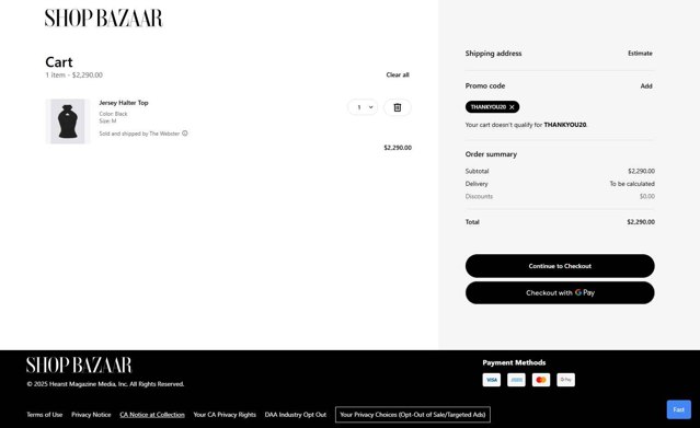 Harpers Bazaar checkout page showing Harpers Bazaar promo code box | Screenshot taken by SimplyCodes community member on May 12, 2025