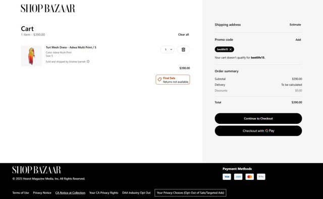 Harpers Bazaar checkout page showing Harpers Bazaar promo code box | Screenshot taken by SimplyCodes community member on Jul 9, 2025