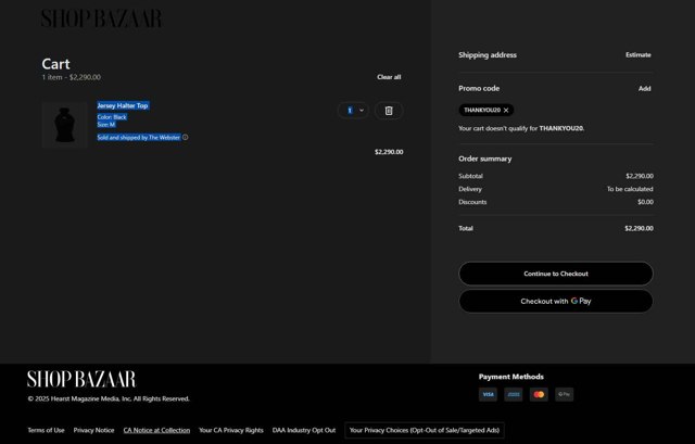 Harpers Bazaar checkout page showing Harpers Bazaar promo code box | Screenshot taken by SimplyCodes community member on May 12, 2025