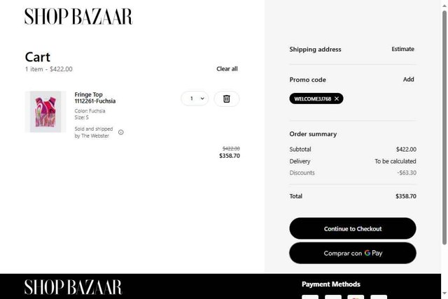 Harpers Bazaar checkout page showing Harpers Bazaar promo code box | Screenshot taken by SimplyCodes community member on Jun 10, 2025