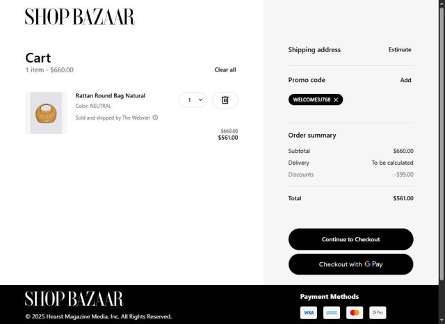 Harpers Bazaar checkout page showing Harpers Bazaar promo code box | Screenshot taken by SimplyCodes community member on May 12, 2025